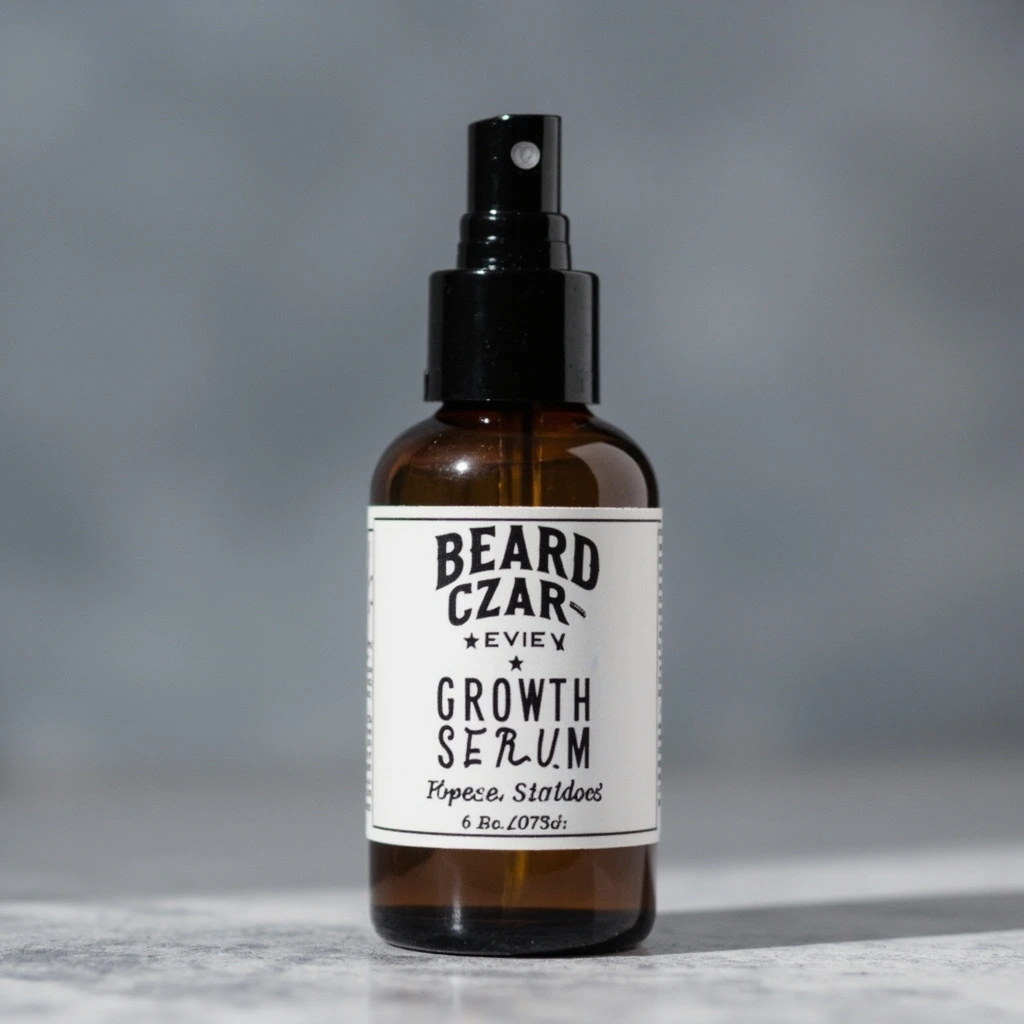 Generic amber pump bottle of beard growth serum on a grey surface.